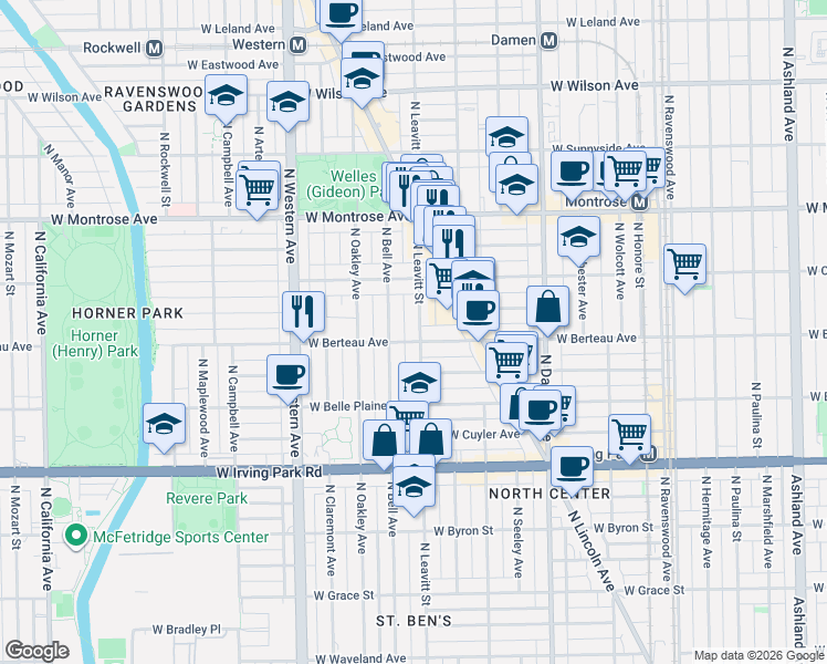 map of restaurants, bars, coffee shops, grocery stores, and more near 4208 North Leavitt Street in Chicago