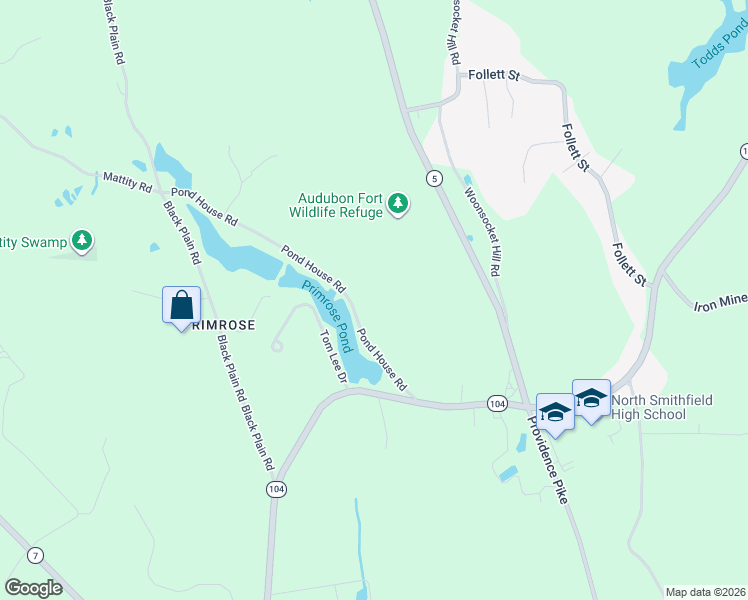 map of restaurants, bars, coffee shops, grocery stores, and more near 57 Pond House Road in North Smithfield