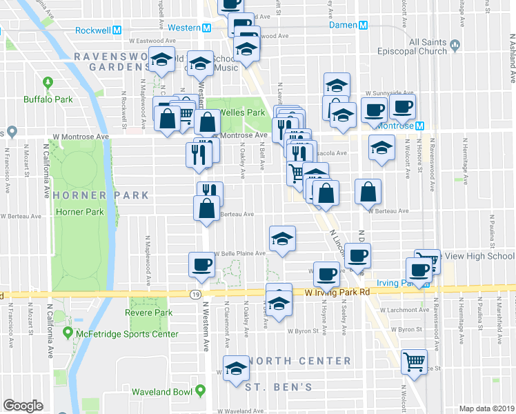 map of restaurants, bars, coffee shops, grocery stores, and more near 4206 North Bell Avenue in Chicago