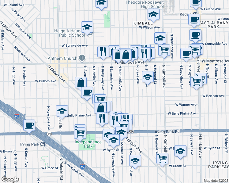 map of restaurants, bars, coffee shops, grocery stores, and more near 4219 N Lawndale Ave in Chicago