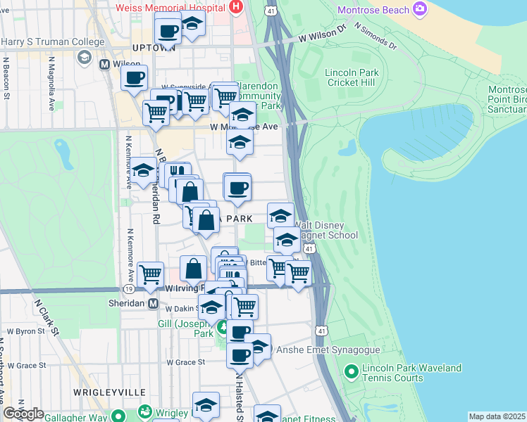 map of restaurants, bars, coffee shops, grocery stores, and more near 716 West Gordon Terrace in Chicago