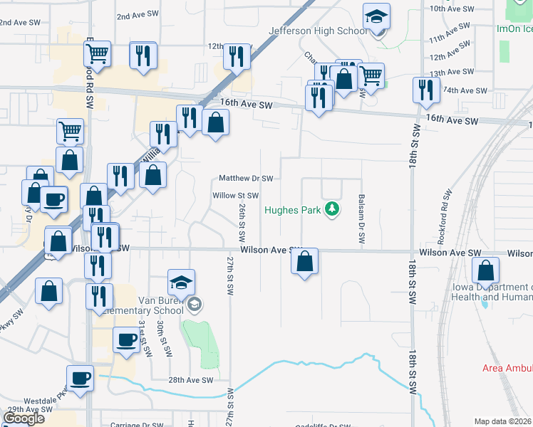 map of restaurants, bars, coffee shops, grocery stores, and more near 2111 25th Street Southwest in Cedar Rapids