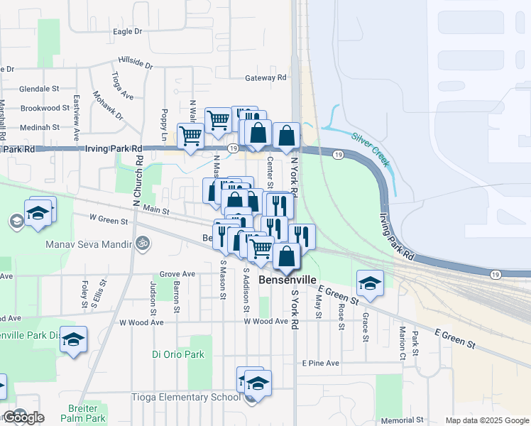 map of restaurants, bars, coffee shops, grocery stores, and more near 22 South Center Street in Bensenville