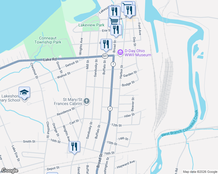 map of restaurants, bars, coffee shops, grocery stores, and more near 240 Russell Street in Conneaut