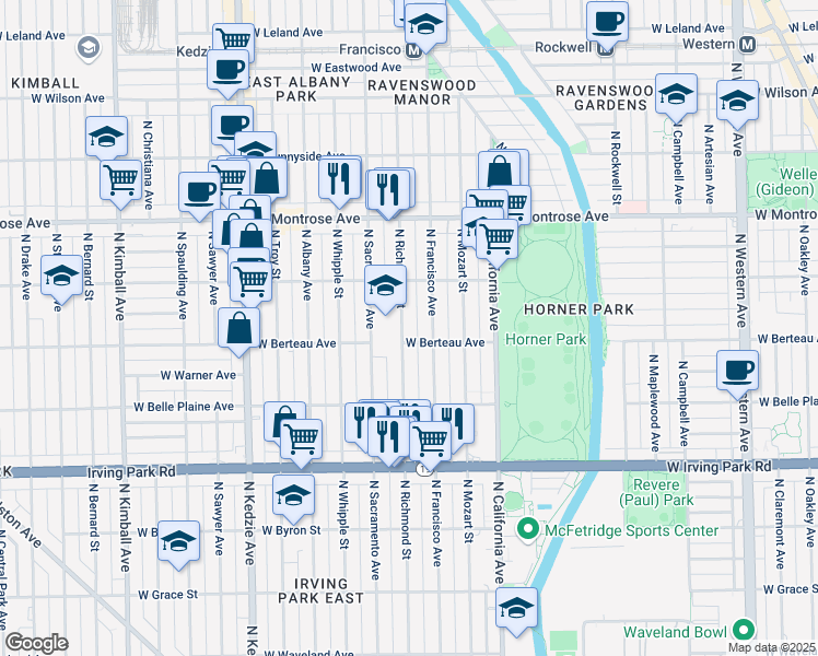 map of restaurants, bars, coffee shops, grocery stores, and more near 4213 North Richmond Street in Chicago
