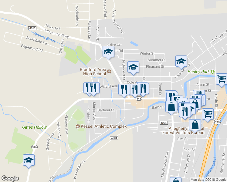 map of restaurants, bars, coffee shops, grocery stores, and more near 30 Edwards Street in Bradford
