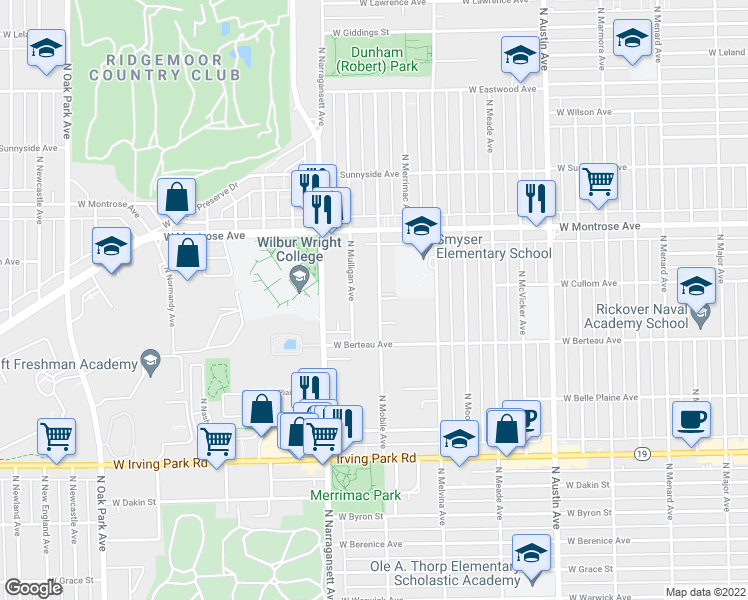 map of restaurants, bars, coffee shops, grocery stores, and more near 4248 North Mobile Avenue in Chicago