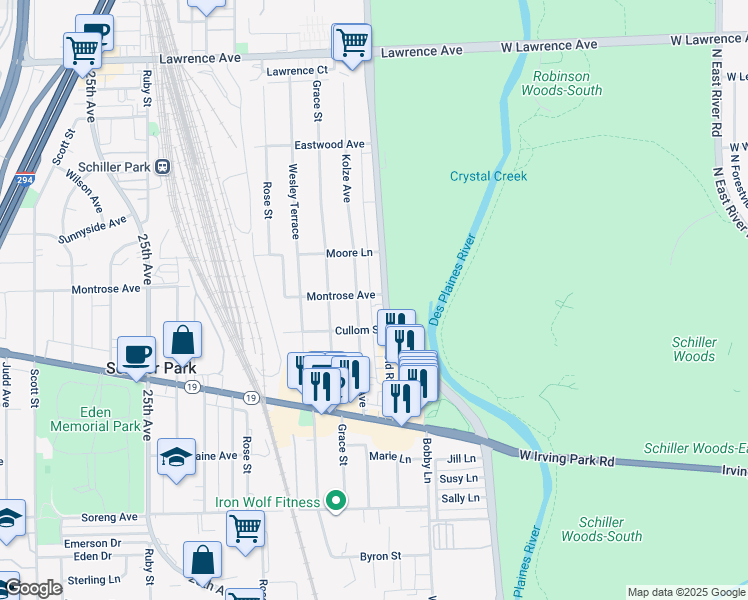map of restaurants, bars, coffee shops, grocery stores, and more near 4346 River Road in Schiller Park