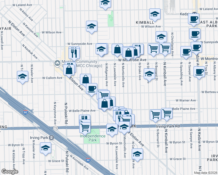 map of restaurants, bars, coffee shops, grocery stores, and more near 4221 North Ridgeway Avenue in Chicago