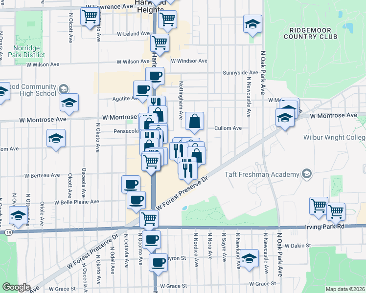 map of restaurants, bars, coffee shops, grocery stores, and more near 7060 Cullom Avenue in Norridge