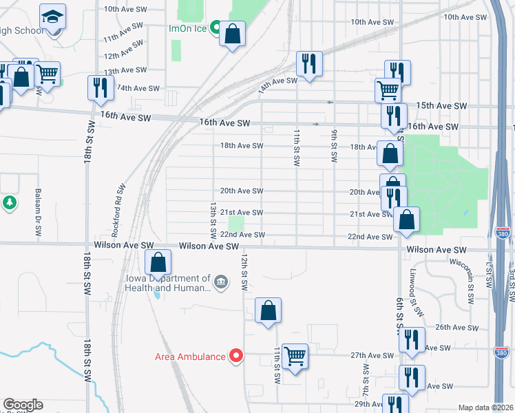 map of restaurants, bars, coffee shops, grocery stores, and more near 1200 21st Avenue Southwest in Cedar Rapids