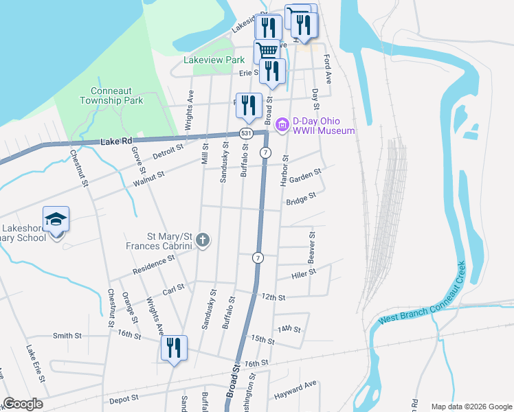 map of restaurants, bars, coffee shops, grocery stores, and more near 240 Russell Street in Conneaut
