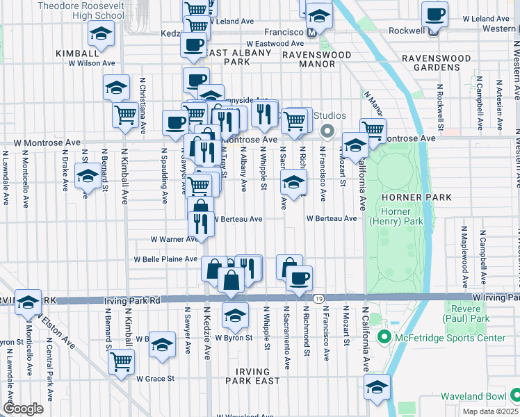 map of restaurants, bars, coffee shops, grocery stores, and more near 4212 North Whipple Street in Chicago