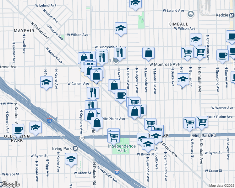 map of restaurants, bars, coffee shops, grocery stores, and more near 4220 North Avers Avenue in Chicago