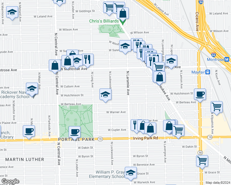 map of restaurants, bars, coffee shops, grocery stores, and more near 5242 West Hutchinson Street in Chicago