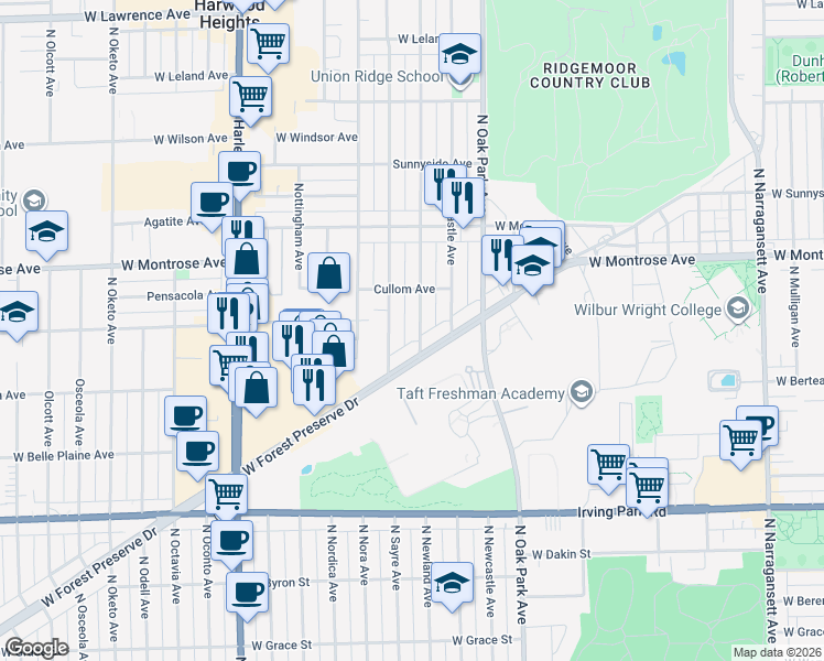 map of restaurants, bars, coffee shops, grocery stores, and more near 4217 North Newland Avenue in Harwood Heights