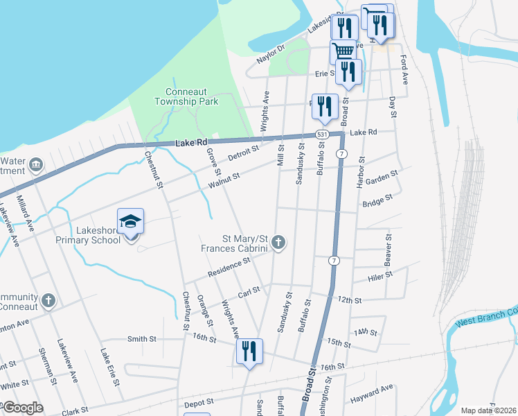map of restaurants, bars, coffee shops, grocery stores, and more near 805 Mill Street in Conneaut