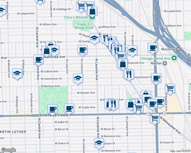 map of restaurants, bars, coffee shops, grocery stores, and more near 5200 West Hutchinson Street in Chicago