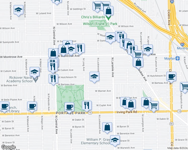 map of restaurants, bars, coffee shops, grocery stores, and more near 5318 West Hutchinson Street in Chicago