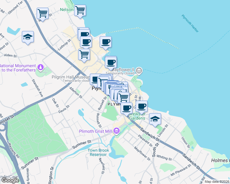 map of restaurants, bars, coffee shops, grocery stores, and more near 7 Brewster Street in Plymouth