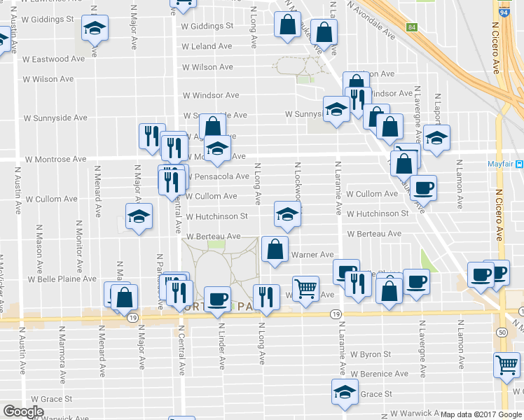 map of restaurants, bars, coffee shops, grocery stores, and more near 5358 West Hutchinson Street in Chicago