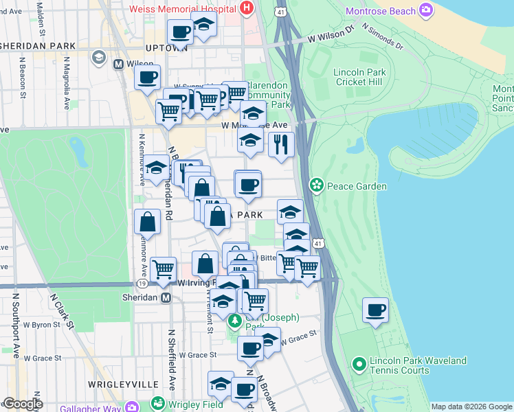 map of restaurants, bars, coffee shops, grocery stores, and more near 744 West Gordon Terrace in Chicago