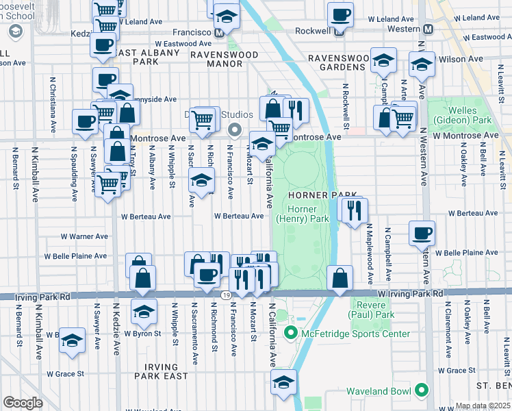 map of restaurants, bars, coffee shops, grocery stores, and more near 4215 North Mozart Street in Chicago