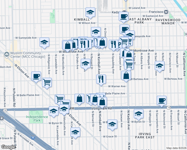 map of restaurants, bars, coffee shops, grocery stores, and more near 4217 North Bernard Street in Chicago