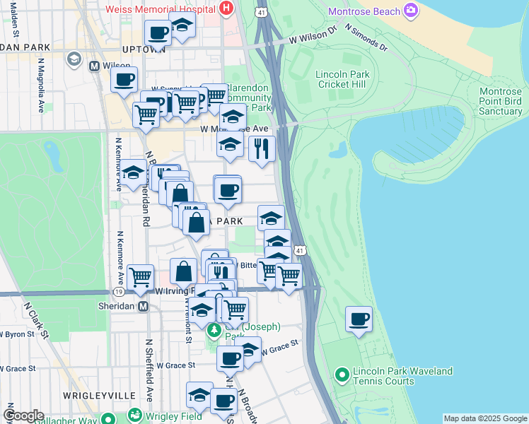 map of restaurants, bars, coffee shops, grocery stores, and more near 656 West Gordon Terrace in Chicago