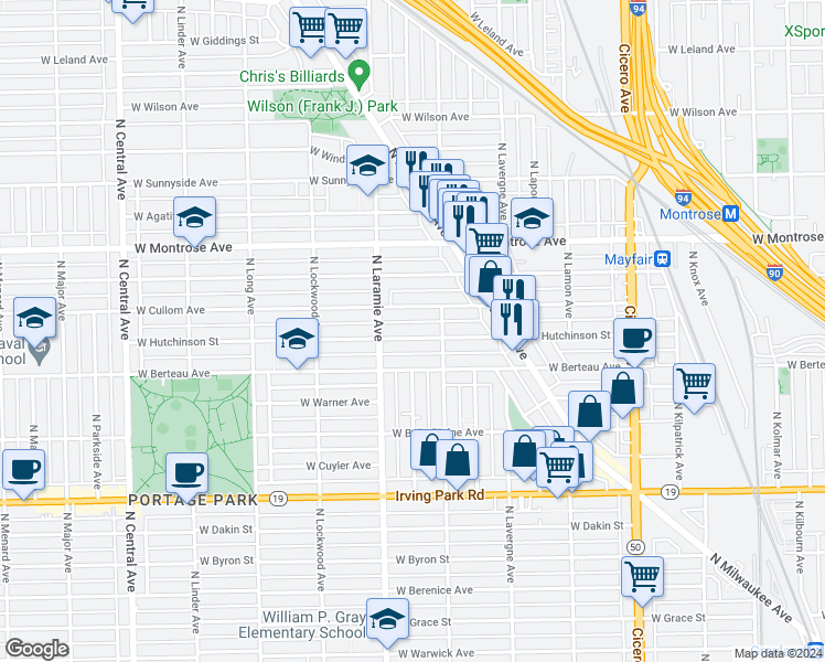 map of restaurants, bars, coffee shops, grocery stores, and more near 5128 West Hutchinson Street in Chicago
