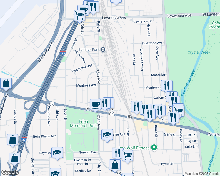 map of restaurants, bars, coffee shops, grocery stores, and more near 4347 Atlantic Avenue in Schiller Park