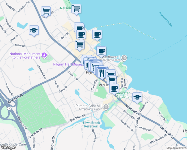 map of restaurants, bars, coffee shops, grocery stores, and more near in Plymouth