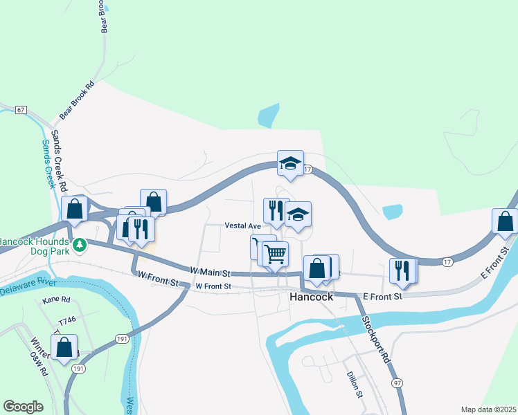 map of restaurants, bars, coffee shops, grocery stores, and more near 234 Yendes Street in Hancock