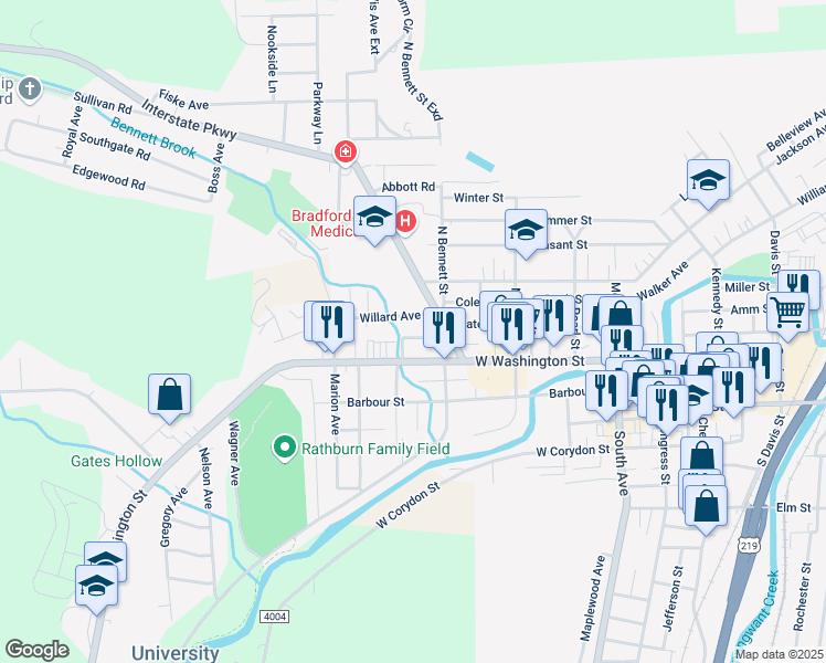 map of restaurants, bars, coffee shops, grocery stores, and more near 30 Edwards Street in Bradford