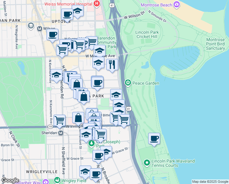 map of restaurants, bars, coffee shops, grocery stores, and more near 716 West Gordon Terrace in Chicago