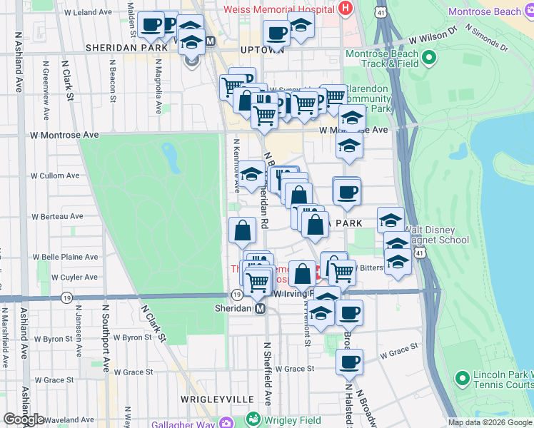 map of restaurants, bars, coffee shops, grocery stores, and more near 4151 North Sheridan Road in Chicago