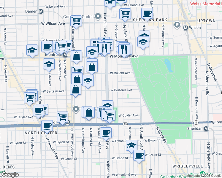 map of restaurants, bars, coffee shops, grocery stores, and more near 1604 West Berteau Avenue in Chicago