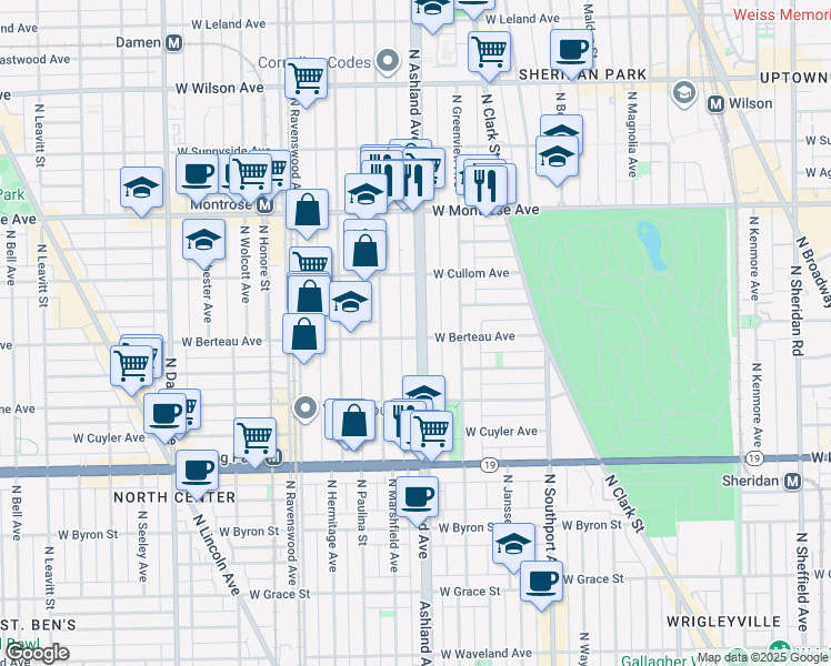 map of restaurants, bars, coffee shops, grocery stores, and more near 1604 West Berteau Avenue in Chicago