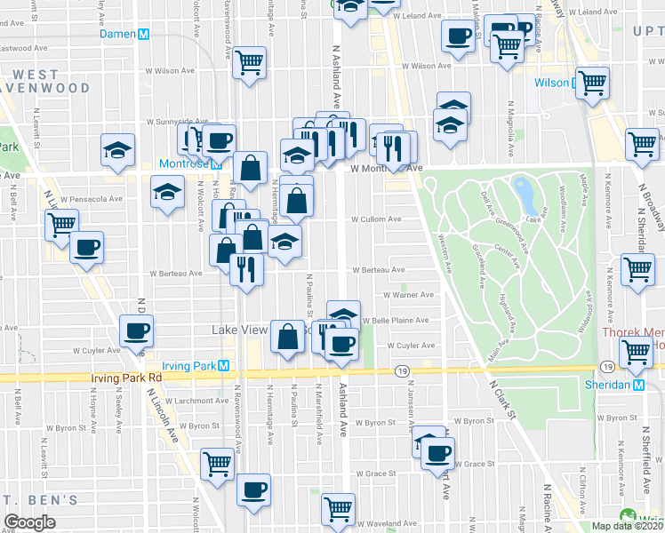 map of restaurants, bars, coffee shops, grocery stores, and more near 1604 West Berteau Avenue in Chicago