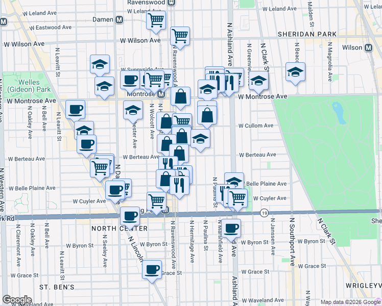 map of restaurants, bars, coffee shops, grocery stores, and more near 1751 West Berteau Avenue in Chicago