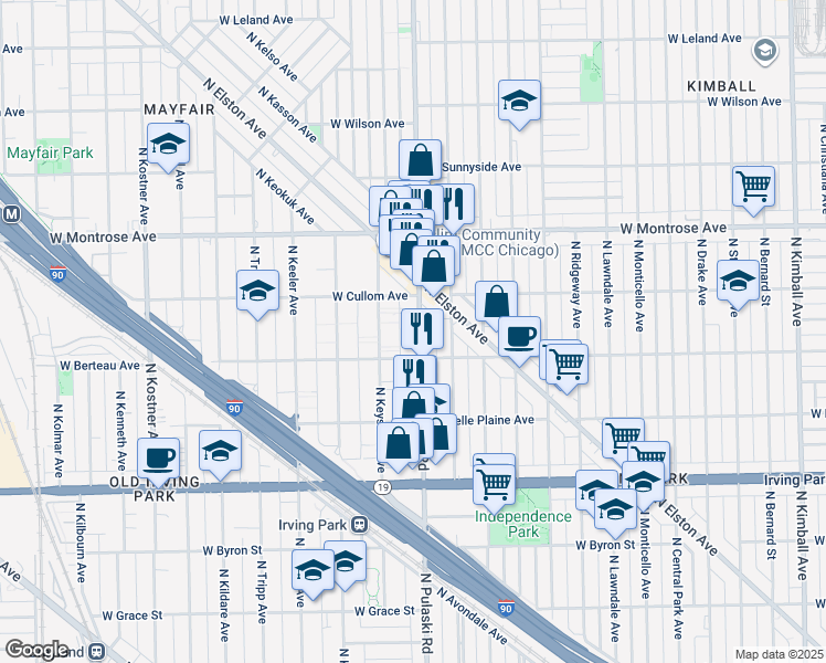 map of restaurants, bars, coffee shops, grocery stores, and more near 4223 North Pulaski Road in Chicago