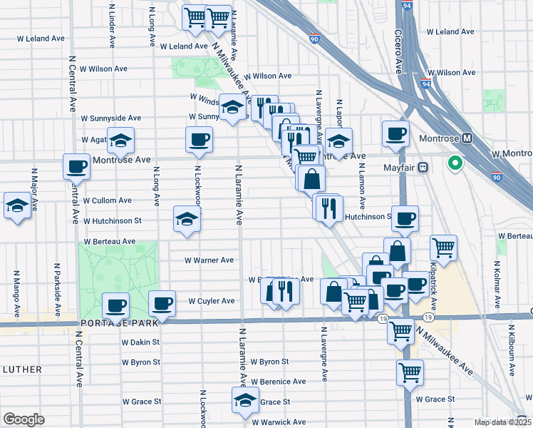 map of restaurants, bars, coffee shops, grocery stores, and more near 5128 West Hutchinson Street in Chicago