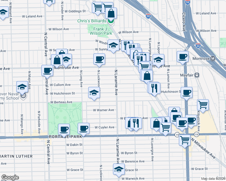 map of restaurants, bars, coffee shops, grocery stores, and more near 5200 West Hutchinson Street in Chicago