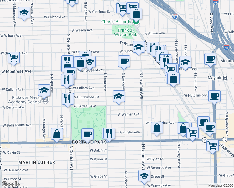 map of restaurants, bars, coffee shops, grocery stores, and more near 5318 West Hutchinson Street in Chicago