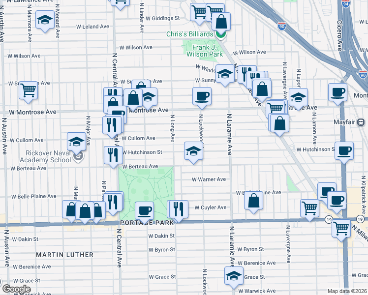 map of restaurants, bars, coffee shops, grocery stores, and more near 5358 West Hutchinson Street in Chicago