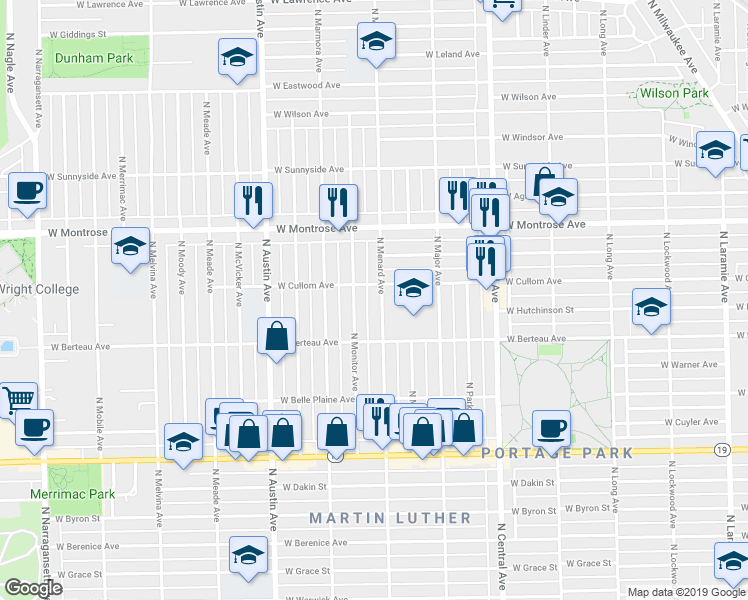 map of restaurants, bars, coffee shops, grocery stores, and more near 4242 North Menard Avenue in Chicago