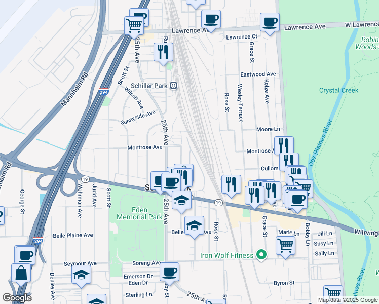 map of restaurants, bars, coffee shops, grocery stores, and more near 4347 Atlantic Avenue in Schiller Park