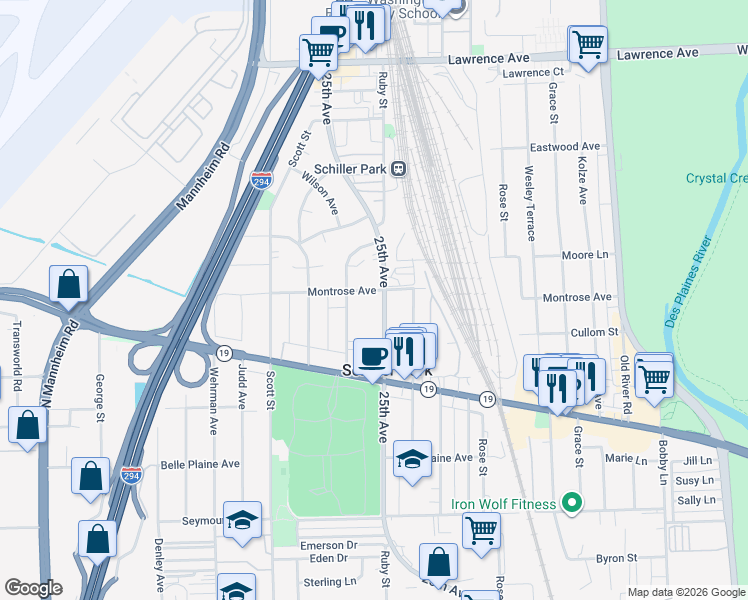 map of restaurants, bars, coffee shops, grocery stores, and more near 4336 Ruby Street in Schiller Park