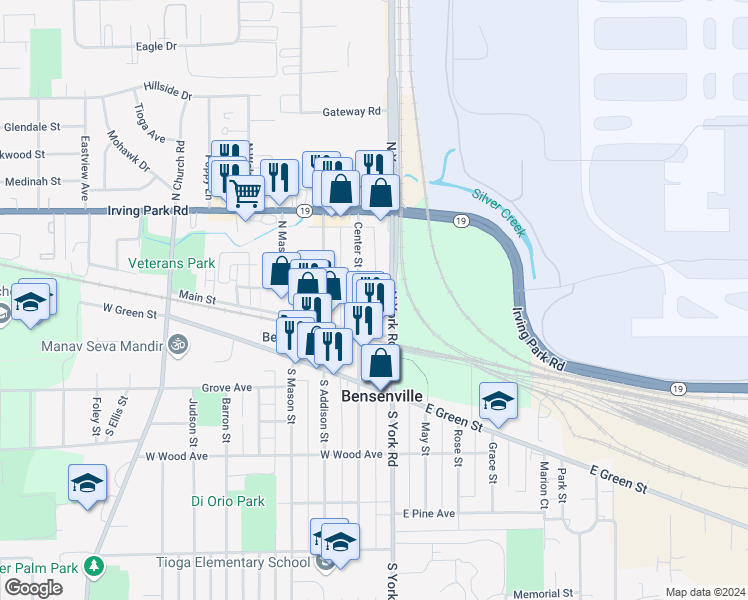 map of restaurants, bars, coffee shops, grocery stores, and more near 30 North York Road in Bensenville