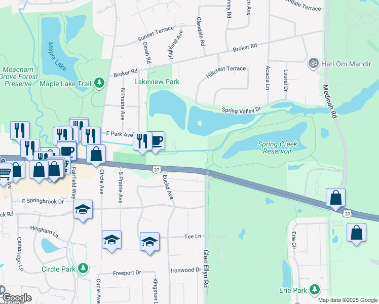 map of restaurants, bars, coffee shops, grocery stores, and more near 255 East Lake Street in Bloomingdale
